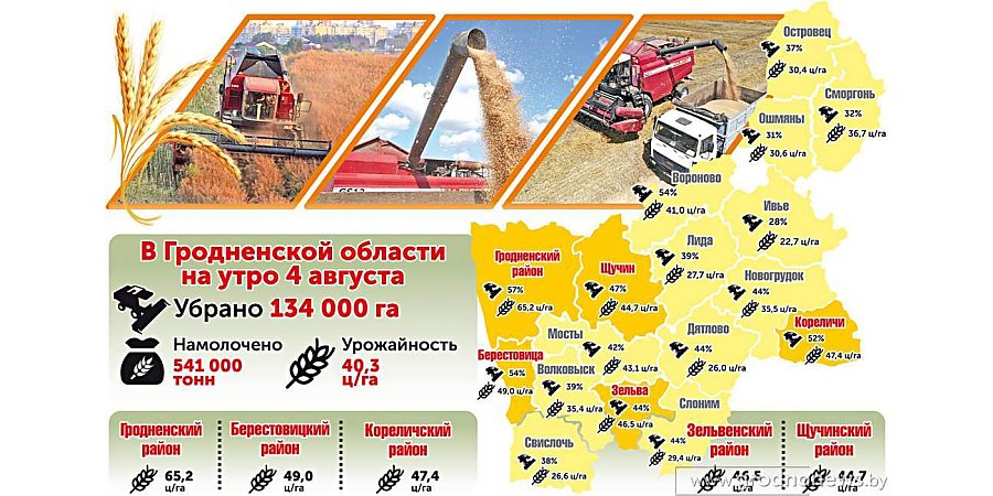 Карта урожайности Гродненщины: 134 000 га убрано на 4 августа (инфографика)