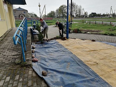 Весна + субботник = порядок. Погородненские культработники озеленили территорию центра культуры и народного творчества  и библиотеки