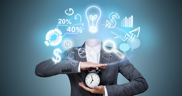 Conceptual image of business woman without head and daily routine icons instead. Artificial intelligence concept